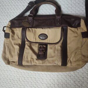 Fossil Cow Hide Leather Canvas Double Handle Laptop Messenger Crossbody Bag Tote